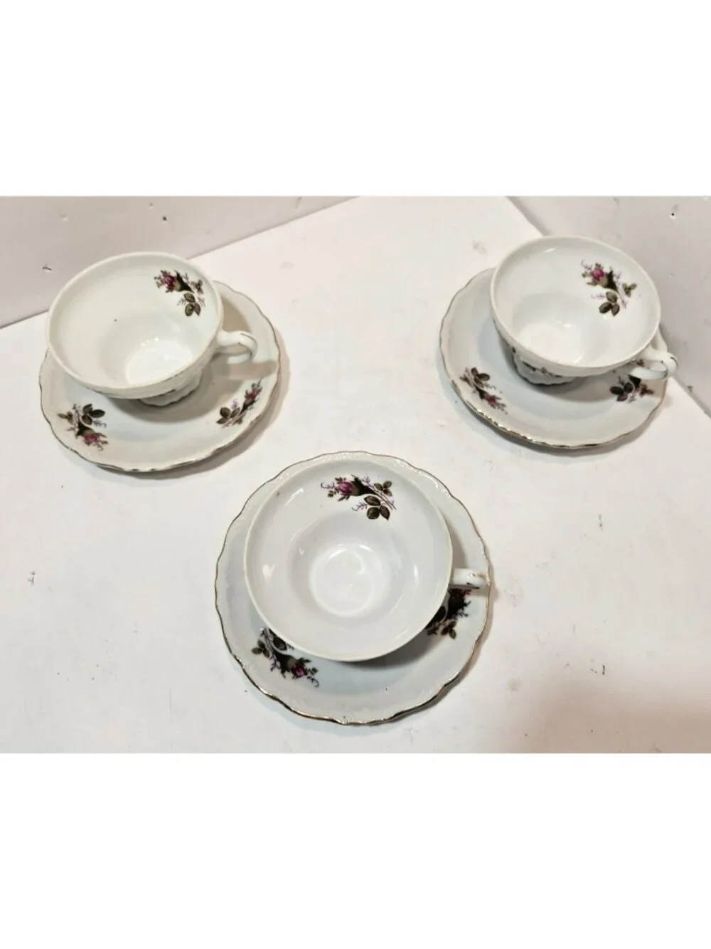 Vintage Japan Tea Cup and Saucer Flower Pink Rose With Gold Tone Rim Set of 3